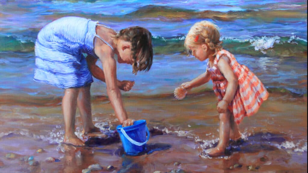 Painting of two little girls playing on the sea shore