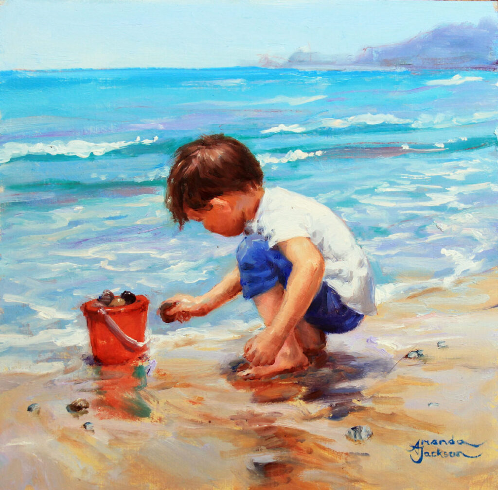 Boy collecting stones on a sunny beach, oil painting