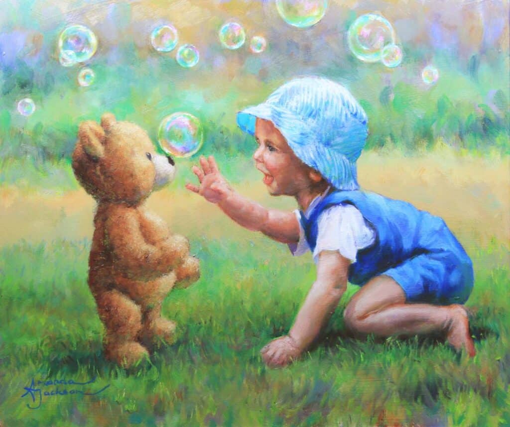 Cute baby playing with soap bubbles and a teddy bear