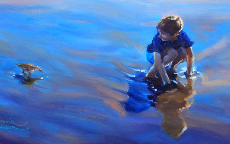 Sandpiper and a boy,  reflections in wet sand, oil painting