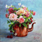 Pink roses and raspberries arranged in a copper kettle